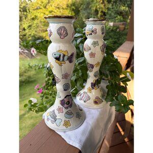 Strata Group Les Tropiques Fish Hand Painted Candle Stick Pair | Coastal Design
